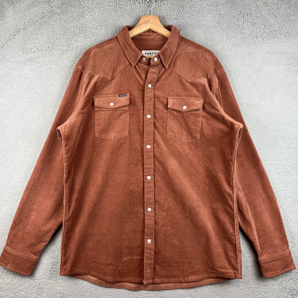 Poncho Outdoors Corduroy Western Shirt Mens XL Slim Fit Rust Orange Pearl Snap
